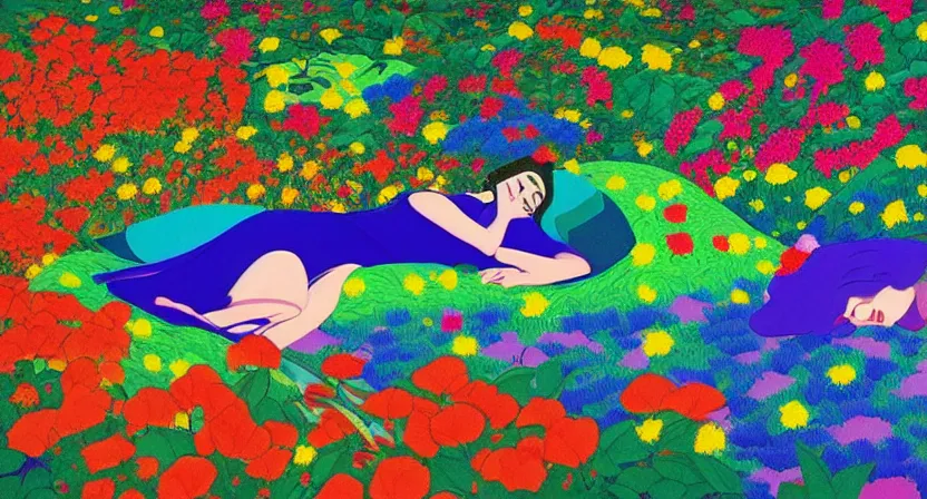 Image similar to a lady taking a long nap on a bed made of flowers, bright neon colours, highly detailed, cinematic, hiroo isono, eyvind earle