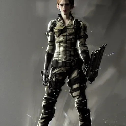 Image similar to emma watson wearing metal gear armor dramatic lighting cinematic cinematic lighting by Richard Schmid by Yoji Shinkawa by artgem