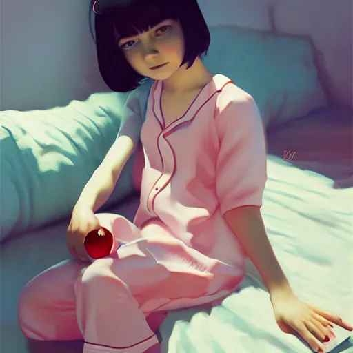 Image similar to little girl in pajama. digital artwork made by ilya kuvshinov, inspired by pixar movies and balthus, highly detailed, realistic,