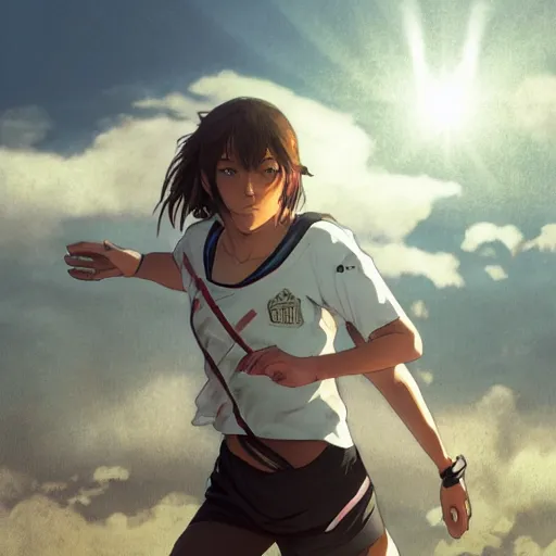 Prompt: a girl is running, sport clothing, marathon, anime style, brown short hair, hair down, symmetrical facial features, from arknights, hyper realistic, rule of thirds, extreme detail, detailed 4 k drawing, safebooru, realistic lighting, by alphonse mucha, greg rutkowski, backlit