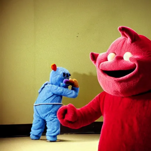 Image similar to a Bruised and sad Teletubby with a bloody nose, standing next to a laughing Teletubby holding a beer