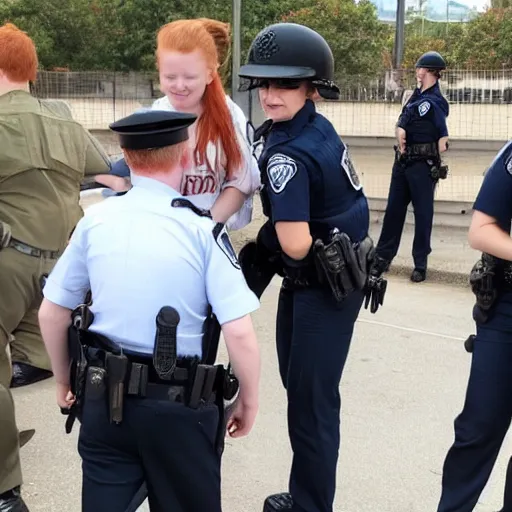 Prompt: a cute teen a girl with ginger hair getting arrested for not being blonde