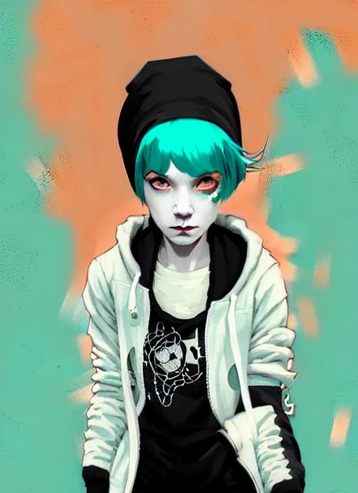 Image similar to highly detailed portrait of a urban punk lady student, blue eyes, hoodie, white hair by atey ghailan, by greg rutkowski, by greg tocchini, by james gilleard, by joe fenton, by kaethe butcher, gradient green, black, brown and teal color scheme, grunge aesthetic!!! ( ( graffiti tag wall background ) )