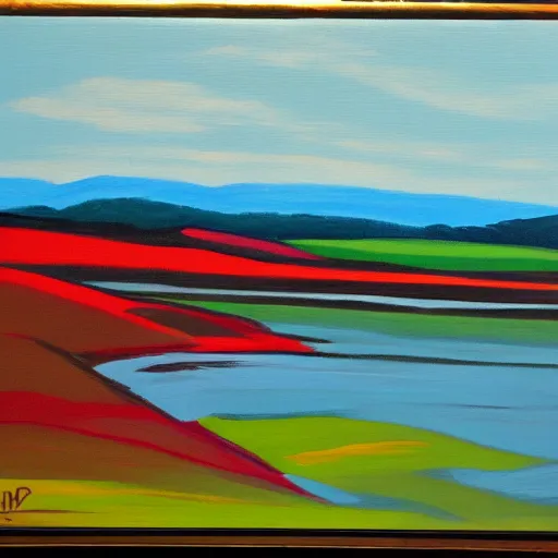 Image similar to landscape acrylic painting on canvas in the style of ben cornish, bold colours