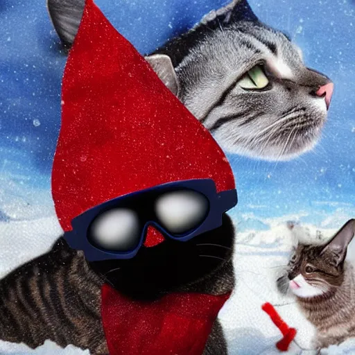 Image similar to a cat wearing a red beanie covering its face with black ski goggles, photorealistic