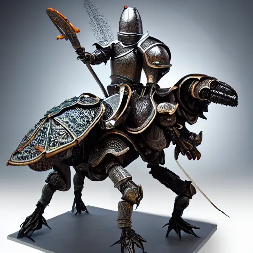 Image similar to A cyber knight riding on a giant beetle, highly detailed, fantasy, highly detailed supercomplex and intricate digital clay sculpture, ambient lighting, product photo studio lighting