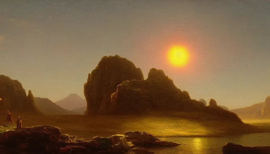 Image similar to a landscape painting depicting a remote arid planet with two suns above, oil on canvas, hudson river school, Thomas Cole, Fredric Edwin Church