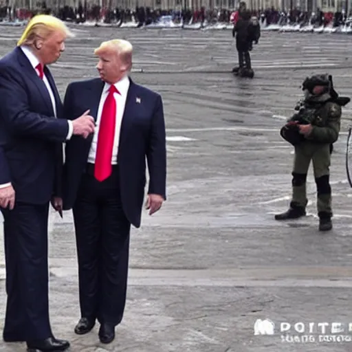 Prompt: Trump hugging Putin in center of Moscow