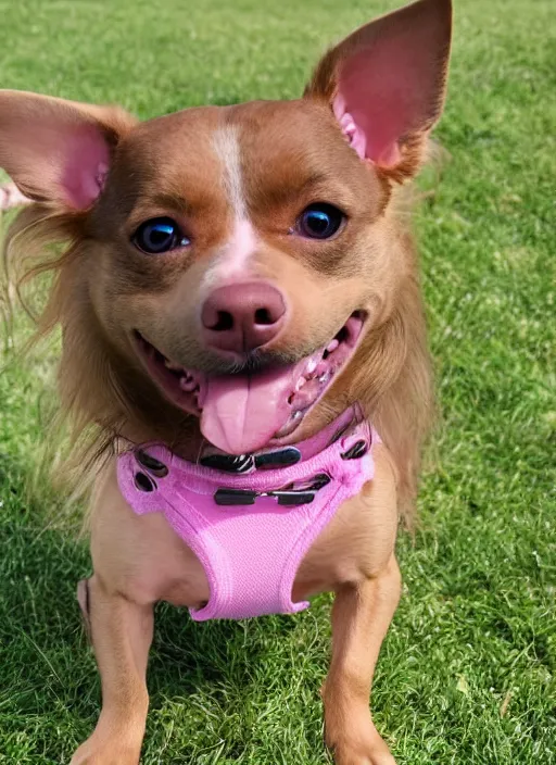 Image similar to fully grown tan pit bull, long - haired chihuahua, pomeranian mix, wearing a pink harness