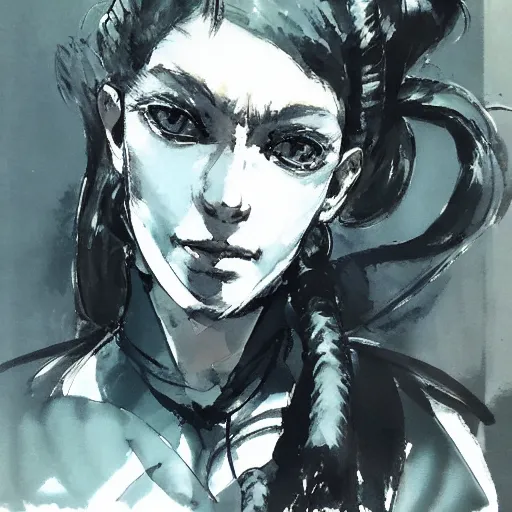 Image similar to regal - looking woman with pigtails, yoji shinkawa