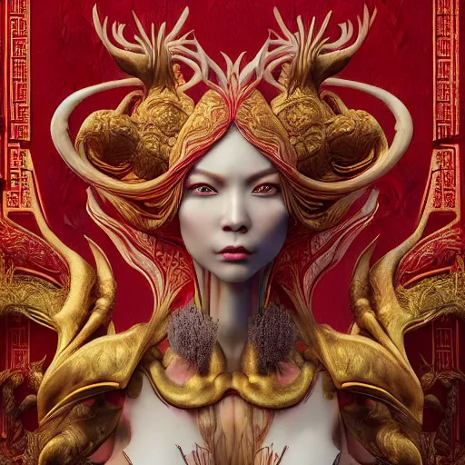 Prompt: The red alien, intricated traditional Chinese textures, rococo decorations, hyper detail, Unreal engine,Octane render, by Karol Bak