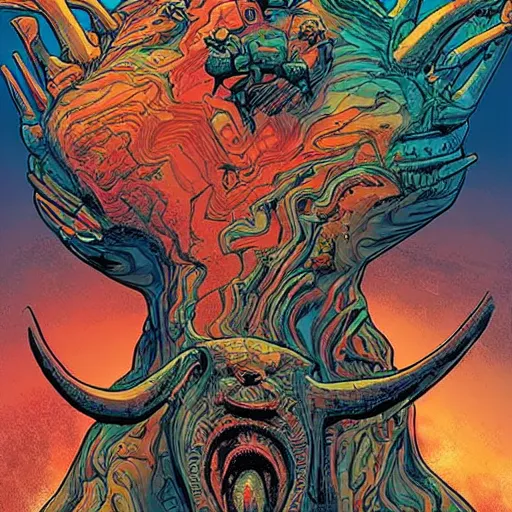 Prompt: cave art made by an alien civilization, intricate details, bold warm colours, 2 d matte, graphic novel, art by pepe larraz,