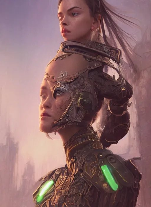 Image similar to a professional portrait of a beautiful young female, clothed in electroluminescent armor, olive skin, long dark hair, beautiful bone structure, symmetrical facial features, intricate, elegant, digital painting, concept art, smooth, sharp focus, finely detailed, illustration, from Valerian and the City of a Thousand Planets, by Ruan Jia and Mandy Jurgens and Artgerm and William-Adolphe Bouguerea