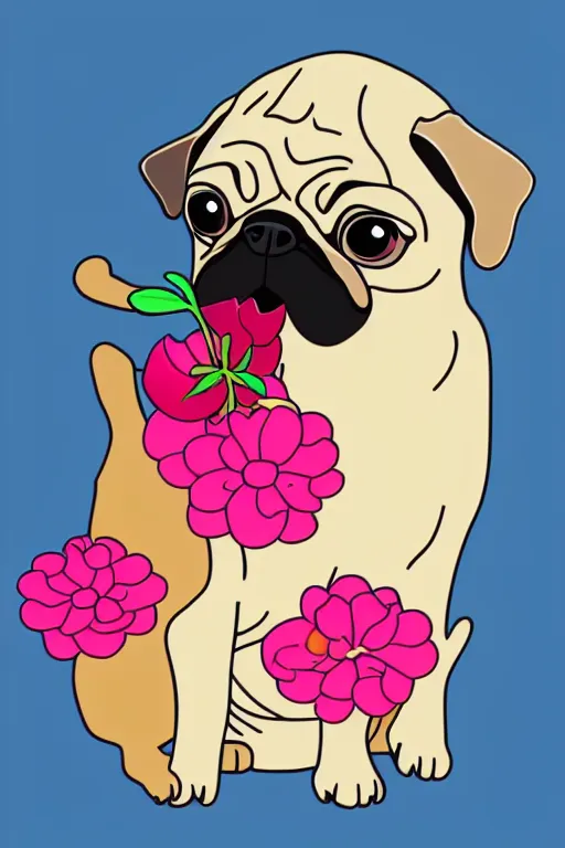 Prompt: pug eating flower. art by samantha mash, sticker, colorful, illustration, highly detailed, simple, smooth and clean vector curves, no jagged lines, vector art, smooth