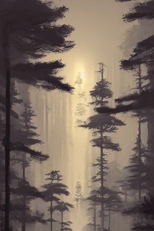 Image similar to Japanese Torii in the center of the picture , torii in a moutain with trees ,night , by Grzegorz Rutkowski, concept art