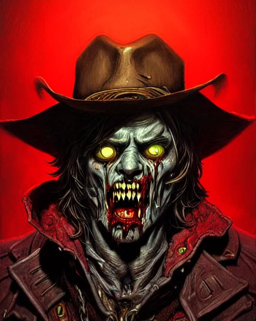 Image similar to mccree from overwatch, evil zombie, crazed look in his eyes, character portrait, portrait, close up, concept art, intricate details, highly detailed, horror poster, horror, vintage horror art, realistic, terrifying, in the style of michael whelan, beksinski, and gustave dore