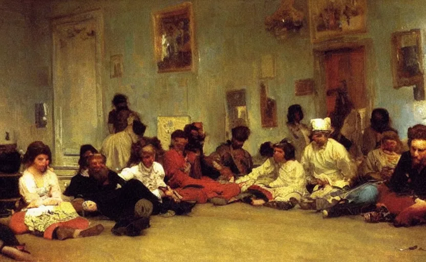 Image similar to high quality high detail painting by ilya repin, people sitting on the floor around the room, hd