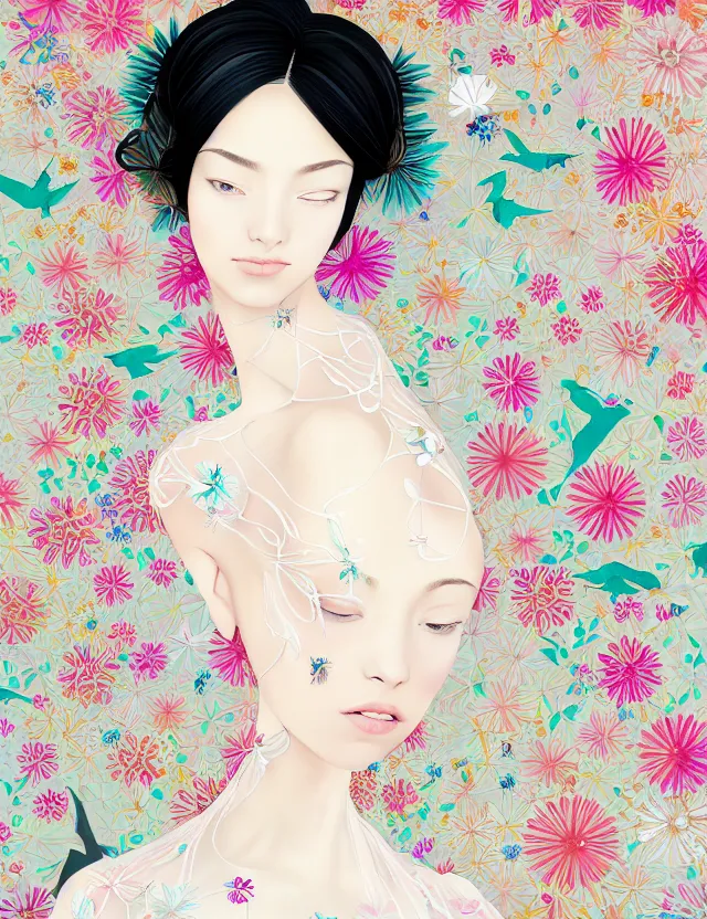 Image similar to fashionable illustration of a beautiful girl in a transparent dress, medium shot at eye level, delicate floral ornaments on fabric and hair, bright small birds, elegant, eiko ishioka, givenchy, peter murbacher, in the center, beautiful colors, origami, fashion, detailed, playful, dreamy, fashionable, japanese, real character creator, dynamic lighting