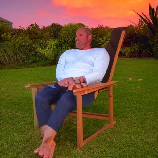 Image similar to My giga Chad dad just took a hit from the bongo and have good time being gracefully relaxed in the garden, sunset lighting