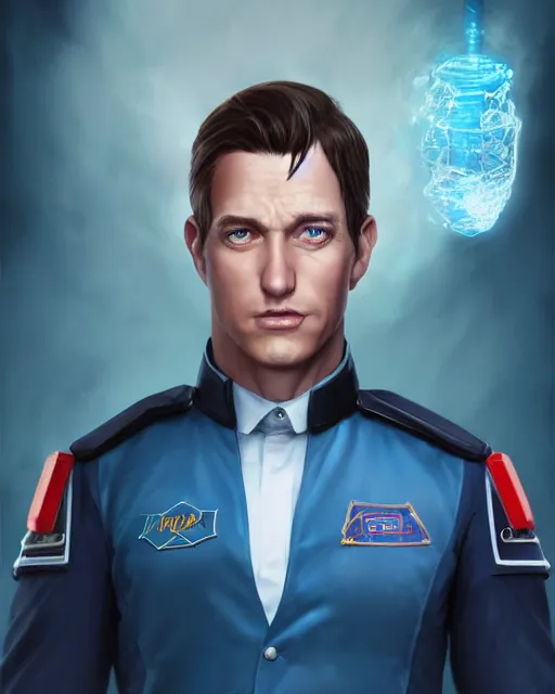 Image similar to portrait of tall, tired 3 3 - year - old handsome man with short darkblonde hair, blue eyes, wearing science fiction uniform, hyper realistic face, beautiful eyes, character art, art by mark brooks, hyperdetailed, cryengine, trending on artstation, digital art