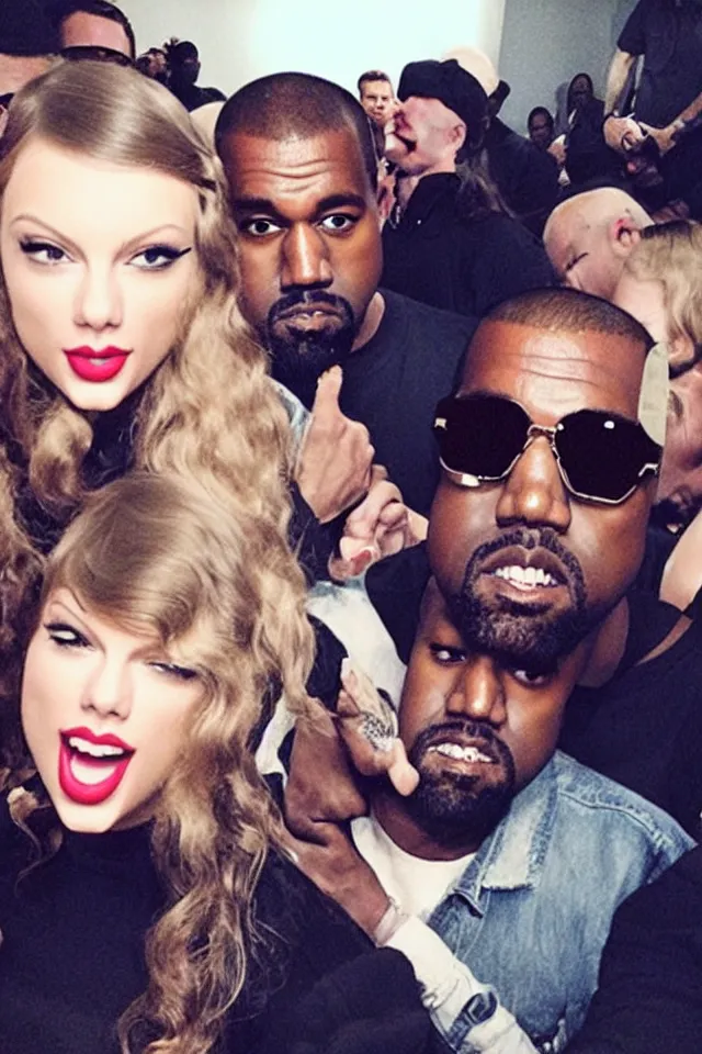 Prompt: Kanye West selfie with Taylor Swift, trending on twitter, trending on Instagram, viral photo