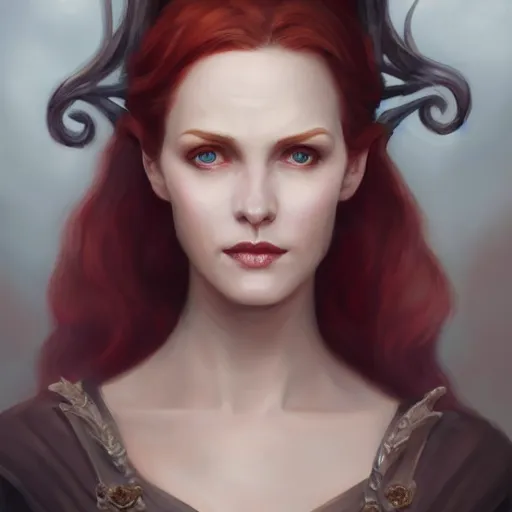 Image similar to a detailed matte head - on portrait painting of an middle - aged tiefling elegant and distinguished noblewoman with golden eyes and short long flowing red hair, by charlie bowater, lise deharme, wlop, tending on arstation, dungeons and dragon, dnd, pathfinder, fanart, oil on canvas