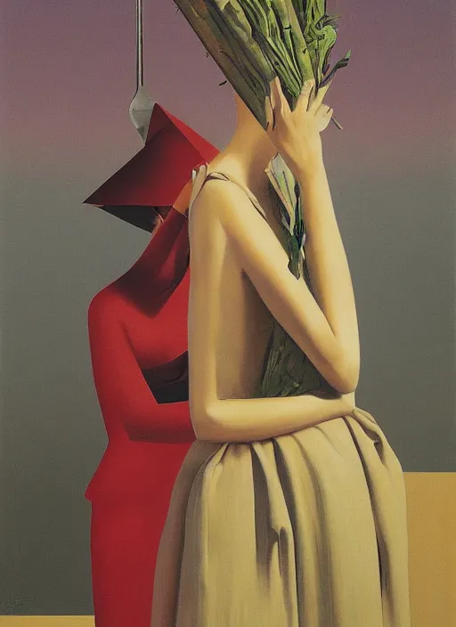 Prompt: women in paper bag over the head and a sward at high fashion podium restaurant Edward Hopper and James Gilleard, Zdzislaw Beksinski, highly detailed