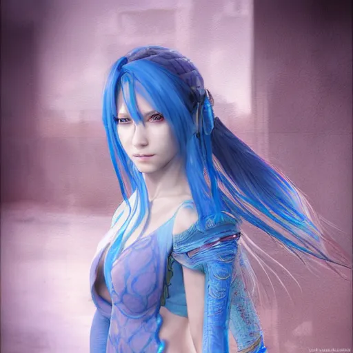 Prompt: portrait of young girl half dragon, dragon skin, blue hair, long hair, highly detailed 3D render, 8k, rpg concept art character, jrpg character, manga, anime, video game character, concept art, by Yoshitaka Amano