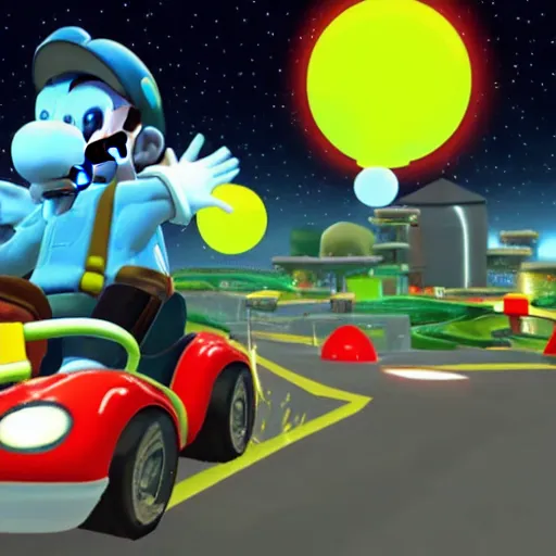 Prompt: Walter White in Mario Kart driving trailer car, game screenshot