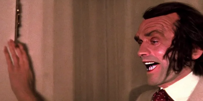 Image similar to photorealistic cinematography of the character jack torrance from stanley kubrick's 1 9 8 0 film the shining sitting at the overlook hotel's gold ballroom bar laughing right at the camera shot on 3 5 mm 5 2 4 7 film by the shining cinematographer john alcott on a 1 8 mm cooke panchro lens.