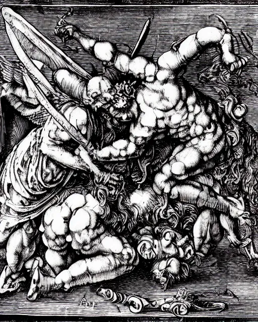 Image similar to devil fights angel, high detail, extremely detailed, very sharp, in the style of albrecht durer,