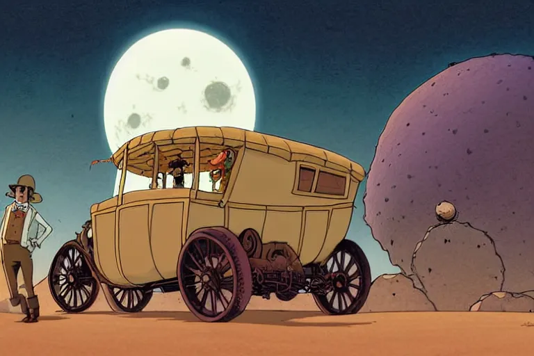 Image similar to a cell shaded cartoon of a lovecraftian turtle stage coach from howl's moving castle ( 2 0 0 4 ), on a desert road, in front of a full moon, full body, wide shot, very muted colors, post grunge, studio ghibli, laurie greasley, highly detailed, deviantart, art by artgem