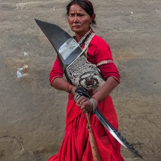Prompt: a nepali woman carrying a sword, art