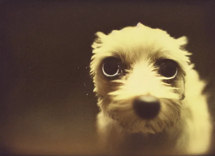 Image similar to a extreme close - up photo, color studio photographic portrait of a little dog bird hybrid, dramatic backlighting, 1 9 7 3 polaroid photo from life magazine,