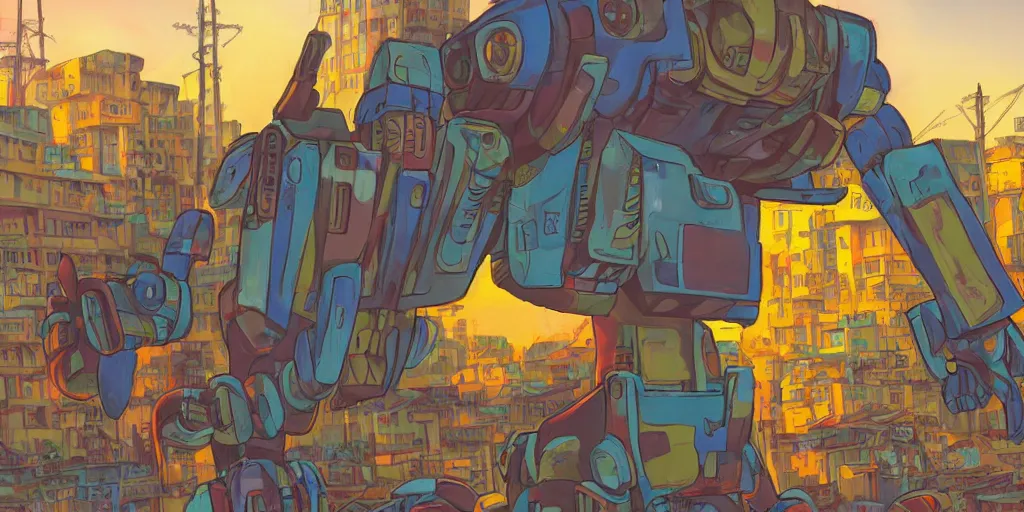 Image similar to colourful - damaged - giant mecha ROBOT of AJEGUNLE SLUMS of Lagos, markings on robot, Golden Hour, in the style of studio Ghibli,