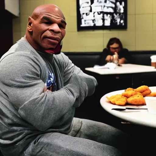 Image similar to Mike tyson sitting at a table in McDonald’s eating 200 chicken nuggets