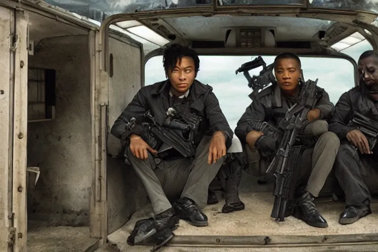 Image similar to movie diverse interracial team of Japanese robbers armed with rifles interior clean futuristic tactical van, beautiful skin, Symmetrical faces. natural lighting by Emmanuel Lubezki