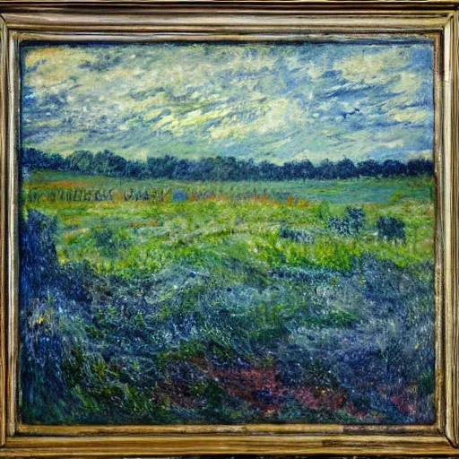 Prompt: oil paint impasto reliefs summer sussex fields, atmospheric, painted with expressive paint and cumulus clouds, some splattered paint, in the style of monet and frank auerbach - n 9