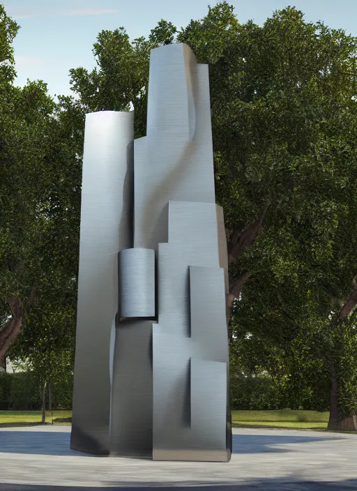 Image similar to highly detailed realistic architecture 3 d render of a futuristic stele monument in frank gehry style standing in city park, archdaily, made in unreal engine 4 octane render