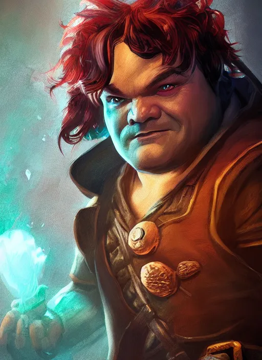 Image similar to A fantasy comic book style portrait painting of jack black as a halfling thief, unreal 5, DAZ, hyperrealistic, octane render, RPG portrait, dynamic lighting