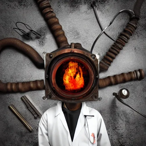 Prompt: An album cover, fire, mask, stethoscope!!, 3d render, ((robot)), (unreal engine), (rust), photograph, portrait, painting, (((((forest)))))