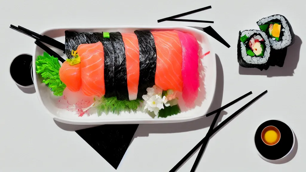 Image similar to an arrangement sushi on a white ceramic platter, japan, a collage painting, in the style of wes anderson, lola dupre, david hockney, isolated on negative white space background dark monochrome neon spraypaint accents volumetric octane render