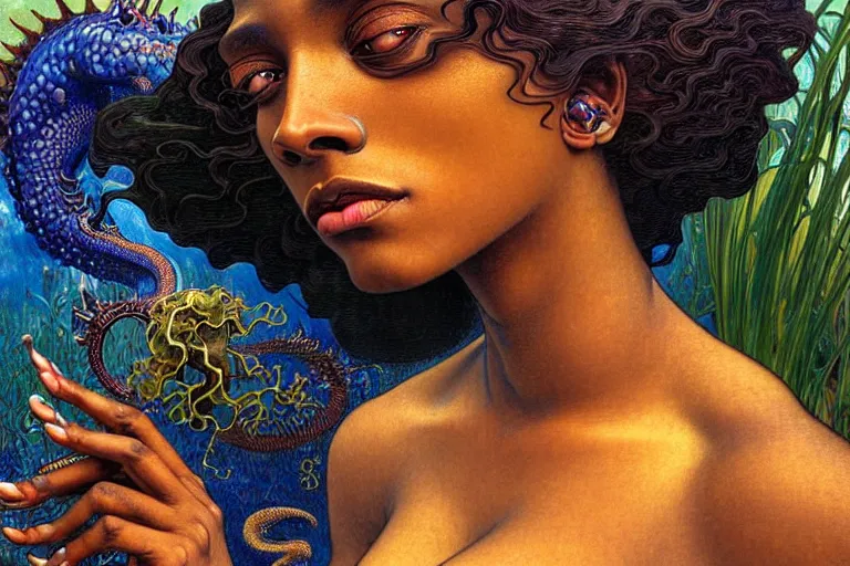 Image similar to realistic extremely detailed closeup portrait painting of a beautiful black woman, mutant dragon and a single old house on background by Jean Delville, Amano, Yves Tanguy, Alphonse Mucha, Ernst Haeckel, Edward Robert Hughes, Roger Dean, rich moody colours