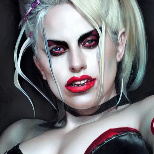 Image similar to full figure ultra realistic illustration, lady gaga as harley quinn, intricate, elegant, highly detailed, digital painting, artstation, concept art, smooth, sharp focus, illustration, art by artgerm and greg rutkowski and alphonse mucha