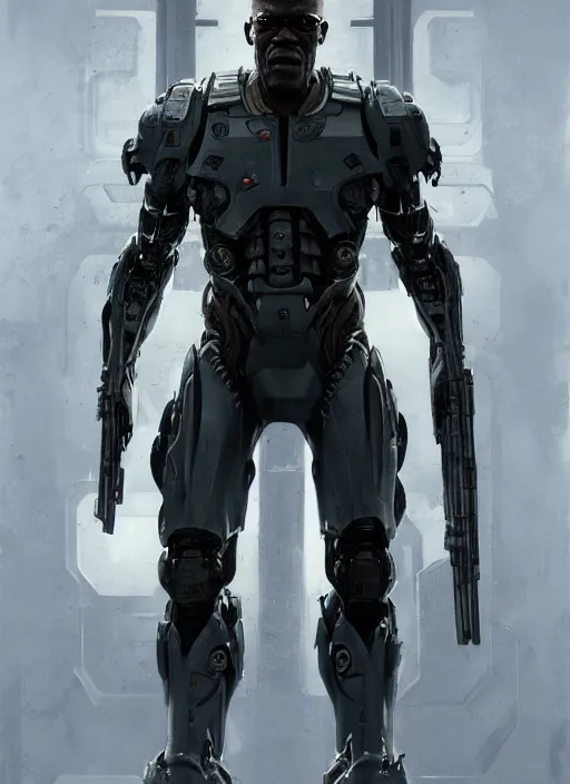 Image similar to samuel l. jackson as victor stone, full body concept, cyborg, borg, strogg, face of a man, terminator, flesh, quake strogg, doom demon, wolfenstein, monstrous, powerful, symmetry, symmetrical, concept art by ruan jia and greg rutkowski