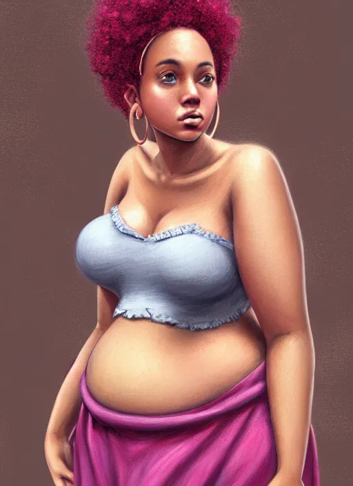 Prompt: full body portrait, teenage vanessa morgan, pink hair, brown skin, obese, curly pixie hair, sultry, realistic, short hair, hoop earrings, skirt, shirt, fat, belly, intricate, elegant, highly detailed, digital painting, artstation, concept art, smooth, sharp focus, illustration, art by wlop, mars ravelo and greg rutkowski