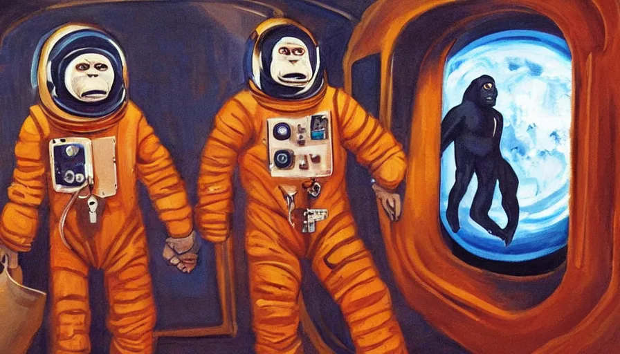 Image similar to Two Apes in 70s Spacesuits Hold hands inside a Hallway on a spaceship, High Quality Painting