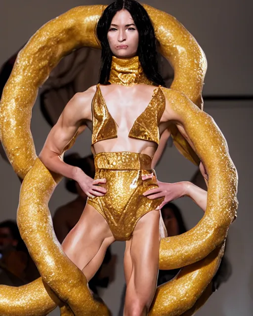 Image similar to multi panel storyboard of olivia wearing an outfit made of golden donuts, runway model at new york fashion week, fit physique, black hair, freckles, pale skin, multiple angles, photo by greg rutkowski, stage lighting, soft colors, female beauty, intricate detail, elegance, 3 5 mm, depth of field, masterpiece