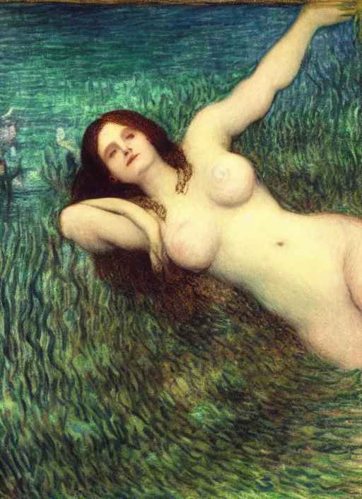 Image similar to lady laying under the sea on the seabed amongst the weeds, underwater shot, submerged, medium shot, on the bed of the river preraphaelite colour photography by rosetti and monet, 8 k