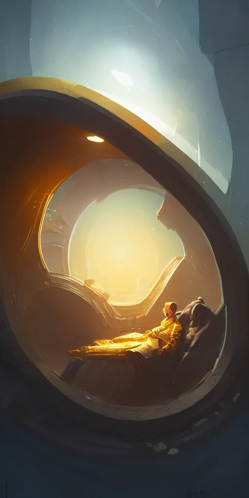 Image similar to highly detailed portrait of a semicircular bounded space surrounded by golden and blue magic powder, ultra wide angle, finer details : 3, by ian fisher and greg rutkowski, trending on artstation, concept art, smooth, sharp focus, illustration.